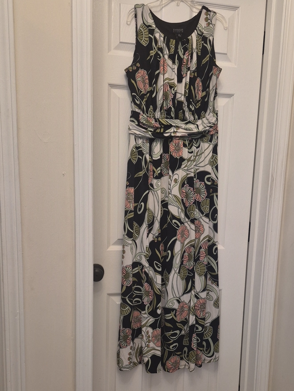 Enfocus Studio Black Maxi Dress with Pink Floral and Green Leaves